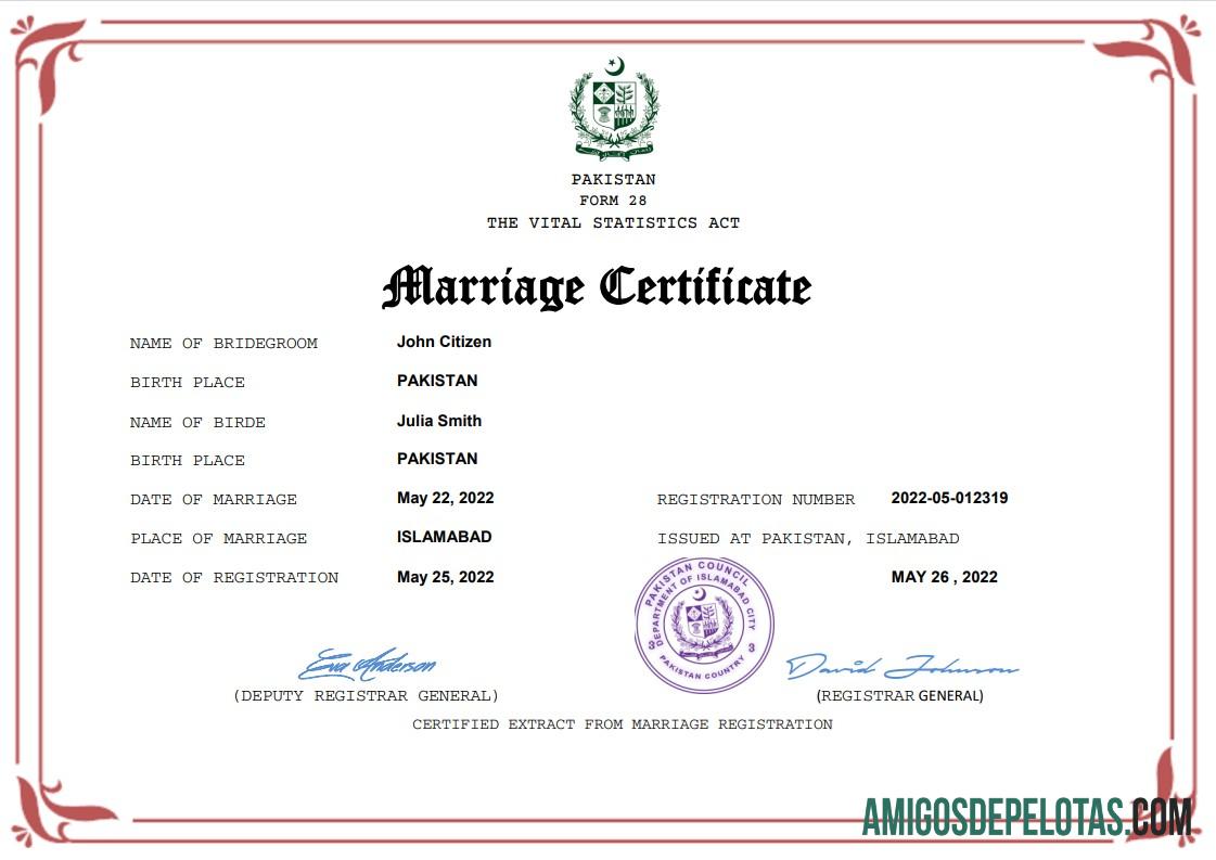 Imprimível modelo Word e PDF de certidão de casamento no Paquistão